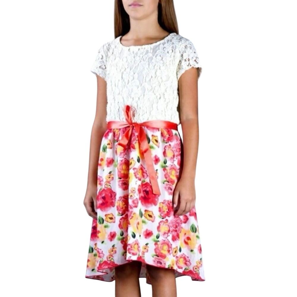 Lily Bleu Girls White Lace Top Floral Bottom Dress size M (10-12)